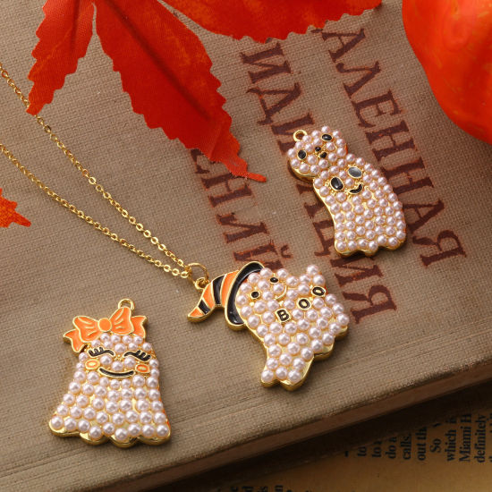 Immagine di 1 Pz Ottone Ciondoli Pendenti Placcato Oro 18K Halloween Fantasma Perla Imitato Acrilico