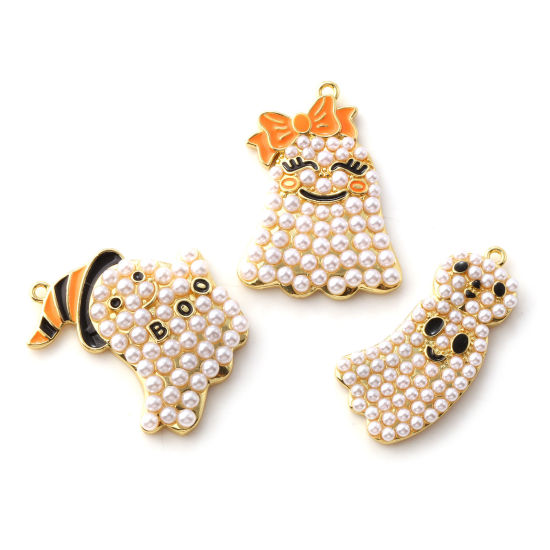 Immagine di 1 Pz Ottone Ciondoli Pendenti Placcato Oro 18K Halloween Fantasma Perla Imitato Acrilico
