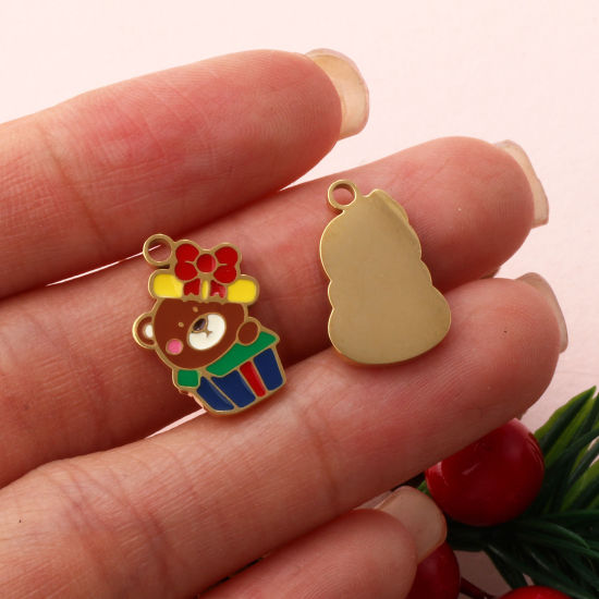 Immagine di 1 Pz Placcatura Sottovuoto PVD Ecologica 304 Acciaio Inossidabile Natale Ciondoli 18K Vero Oro Placcato Smalto