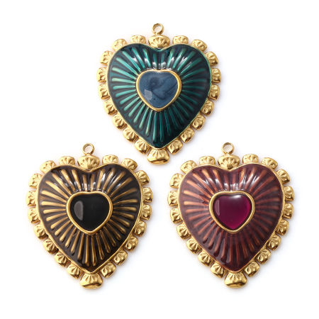 Eco-friendly PVD Vacuum Plating 304 Stainless Steel Valentine's Day Pendants 18K Real Gold Plated Enamel Heart 3.4cm x 2.9cm