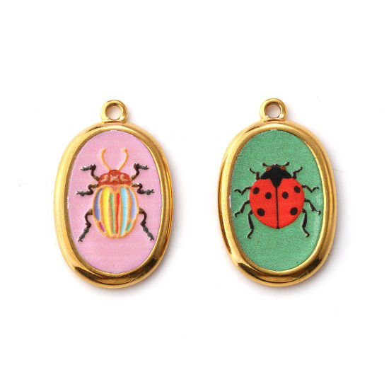 Picture of Eco-friendly PVD Vacuum Plating 304 Stainless Steel Insect Charms 18K Real Gold Plated Multicolor Oval Printed 28mm x 17.5mm