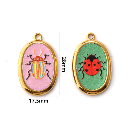 Picture of Eco-friendly PVD Vacuum Plating 304 Stainless Steel Insect Charms 18K Real Gold Plated Multicolor Oval Printed 28mm x 17.5mm