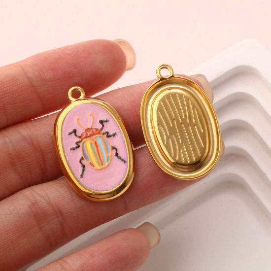 Picture of Eco-friendly PVD Vacuum Plating 304 Stainless Steel Insect Charms 18K Real Gold Plated Multicolor Oval Printed 28mm x 17.5mm
