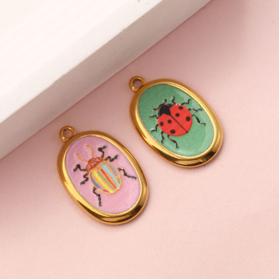 Picture of Eco-friendly PVD Vacuum Plating 304 Stainless Steel Insect Charms 18K Real Gold Plated Multicolor Oval Printed 28mm x 17.5mm
