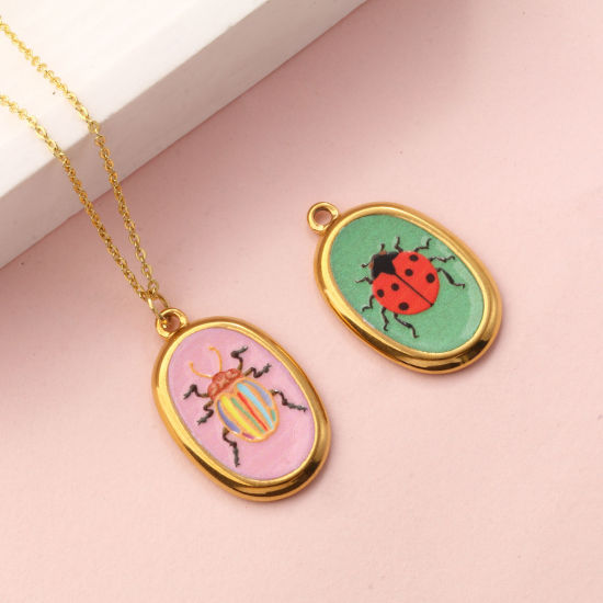 Picture of Eco-friendly PVD Vacuum Plating 304 Stainless Steel Insect Charms 18K Real Gold Plated Multicolor Oval Printed 28mm x 17.5mm