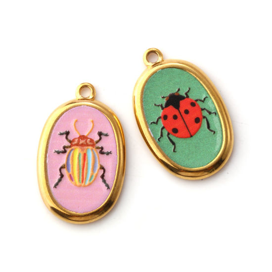 Picture of Eco-friendly PVD Vacuum Plating 304 Stainless Steel Insect Charms 18K Real Gold Plated Multicolor Oval Printed 28mm x 17.5mm