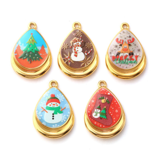 Immagine di 2 Pz Placcatura Sottovuoto PVD Ecologica 304 Acciaio Inossidabile Natale Ciondoli 18K Vero Oro Placcato Multicolore Goccia Stampato 28mm x 19mm