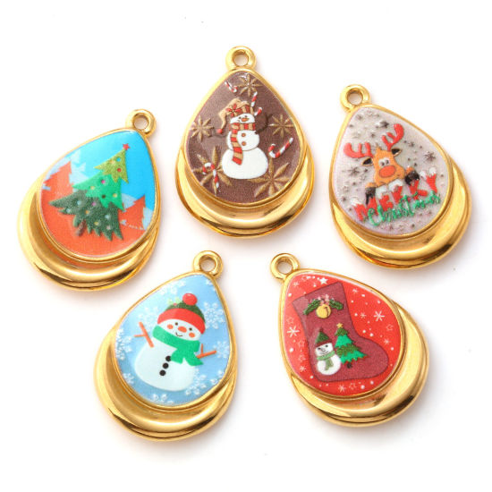 Immagine di 2 Pz Placcatura Sottovuoto PVD Ecologica 304 Acciaio Inossidabile Natale Ciondoli 18K Vero Oro Placcato Multicolore Goccia Stampato 28mm x 19mm