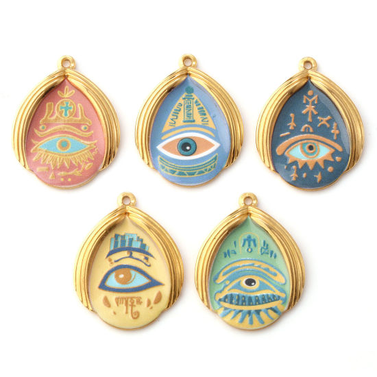 Immagine di 1 Pz Placcatura Sottovuoto PVD Ecologica 304 Acciaio Inossidabile Religione Ciondoli Pendenti 18K Vero Oro Placcato Multicolore Goccia Malocchio Stampato 3.2cm x 2.5cm