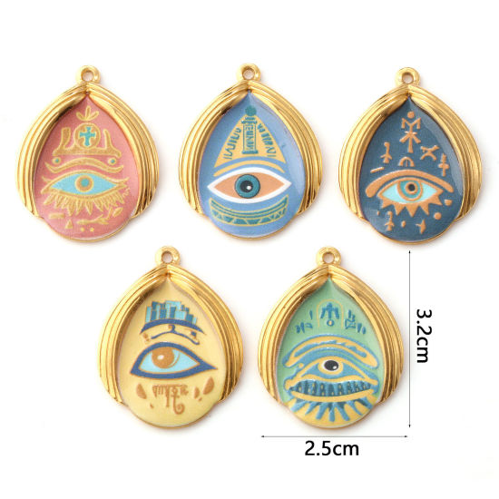 Immagine di 1 Pz Placcatura Sottovuoto PVD Ecologica 304 Acciaio Inossidabile Religione Ciondoli Pendenti 18K Vero Oro Placcato Multicolore Goccia Malocchio Stampato 3.2cm x 2.5cm