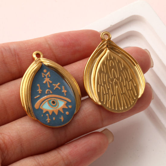 Immagine di 1 Pz Placcatura Sottovuoto PVD Ecologica 304 Acciaio Inossidabile Religione Ciondoli Pendenti 18K Vero Oro Placcato Multicolore Goccia Malocchio Stampato 3.2cm x 2.5cm