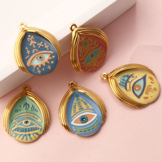 Immagine di 1 Pz Placcatura Sottovuoto PVD Ecologica 304 Acciaio Inossidabile Religione Ciondoli Pendenti 18K Vero Oro Placcato Multicolore Goccia Malocchio Stampato 3.2cm x 2.5cm