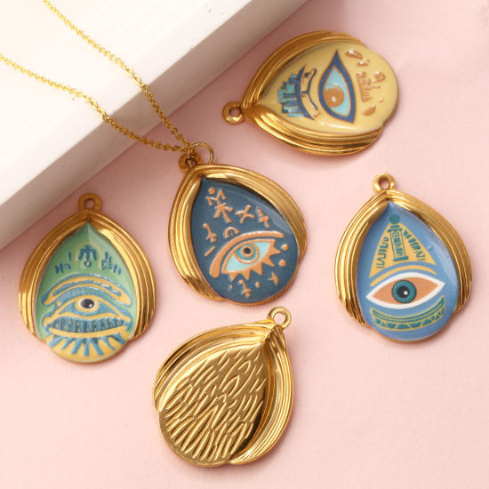 Immagine di 1 Pz Placcatura Sottovuoto PVD Ecologica 304 Acciaio Inossidabile Religione Ciondoli Pendenti 18K Vero Oro Placcato Multicolore Goccia Malocchio Stampato 3.2cm x 2.5cm