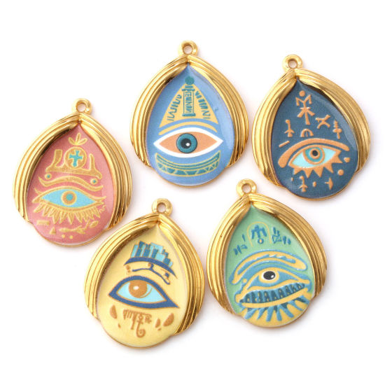 Immagine di 1 Pz Placcatura Sottovuoto PVD Ecologica 304 Acciaio Inossidabile Religione Ciondoli Pendenti 18K Vero Oro Placcato Multicolore Goccia Malocchio Stampato 3.2cm x 2.5cm