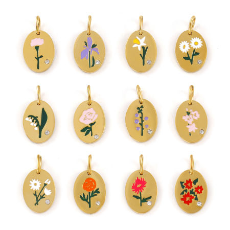 Picture of Eco-friendly PVD Vacuum Plating 304 Stainless Steel Birth Month Flower Charms 18K Real Gold Plated Enamel Oval Flower Clear Cubic Zirconia 20mm x 11mm