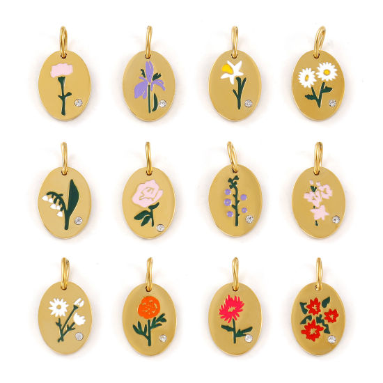 Изображение 1 ШТ Экологичное вакуумное PVD-покрытие 304 Нержавеющая Сталь Месяц рождения цветок Подвески 18K настоящее золото с покрытием С Эмалью Овальные Цветок Прозрачный Искусственный Циркон 20мм x 11мм