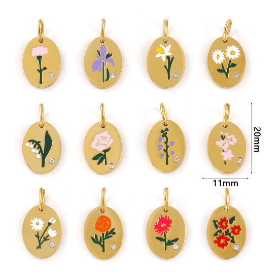 Изображение 1 ШТ Экологичное вакуумное PVD-покрытие 304 Нержавеющая Сталь Месяц рождения цветок Подвески 18K настоящее золото с покрытием С Эмалью Овальные Цветок Прозрачный Искусственный Циркон 20мм x 11мм