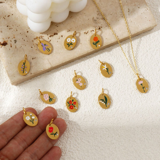 Изображение 1 ШТ Экологичное вакуумное PVD-покрытие 304 Нержавеющая Сталь Месяц рождения цветок Подвески 18K настоящее золото с покрытием С Эмалью Овальные Цветок Прозрачный Искусственный Циркон 20мм x 11мм