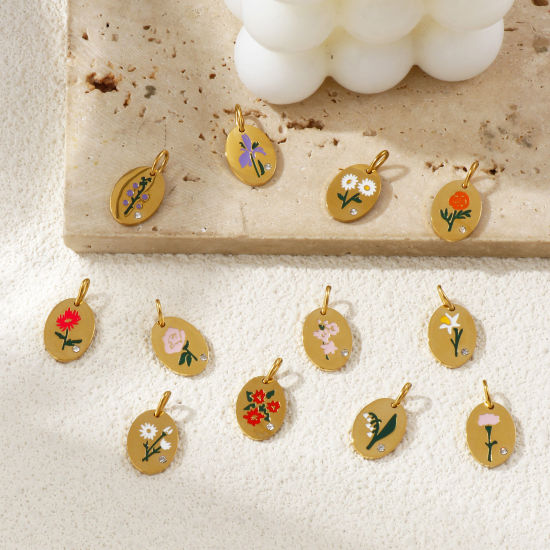 Изображение 1 ШТ Экологичное вакуумное PVD-покрытие 304 Нержавеющая Сталь Месяц рождения цветок Подвески 18K настоящее золото с покрытием С Эмалью Овальные Цветок Прозрачный Искусственный Циркон 20мм x 11мм