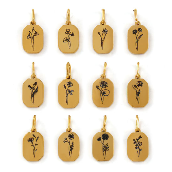 Bild von Umweltfreundliche PVD-Vakuumbeschichtung 304 Edelstahl Geburtsmonat Blume Charms 18K Echtgold plattiert Achteck Blumen 16mm x 7.5mm