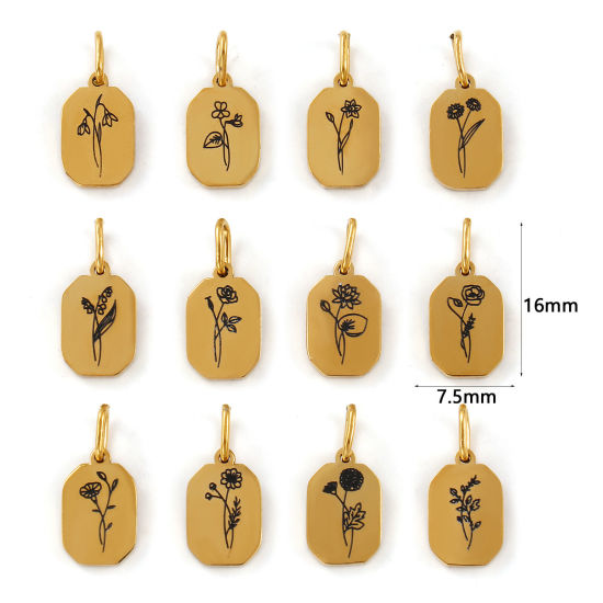 Bild von Umweltfreundliche PVD-Vakuumbeschichtung 304 Edelstahl Geburtsmonat Blume Charms 18K Echtgold plattiert Achteck Blumen 16mm x 7.5mm