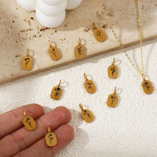 Bild von Umweltfreundliche PVD-Vakuumbeschichtung 304 Edelstahl Geburtsmonat Blume Charms 18K Echtgold plattiert Achteck Blumen 16mm x 7.5mm