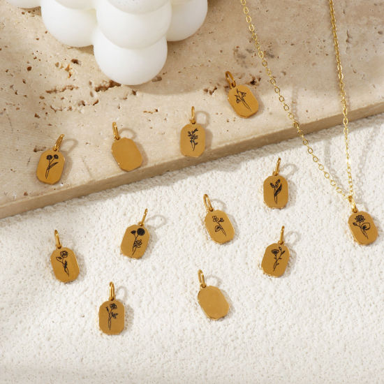 Bild von Umweltfreundliche PVD-Vakuumbeschichtung 304 Edelstahl Geburtsmonat Blume Charms 18K Echtgold plattiert Achteck Blumen 16mm x 7.5mm