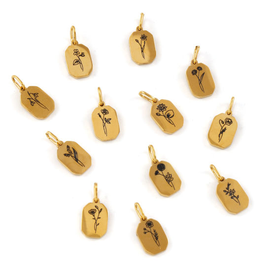 Bild von Umweltfreundliche PVD-Vakuumbeschichtung 304 Edelstahl Geburtsmonat Blume Charms 18K Echtgold plattiert Achteck Blumen 16mm x 7.5mm