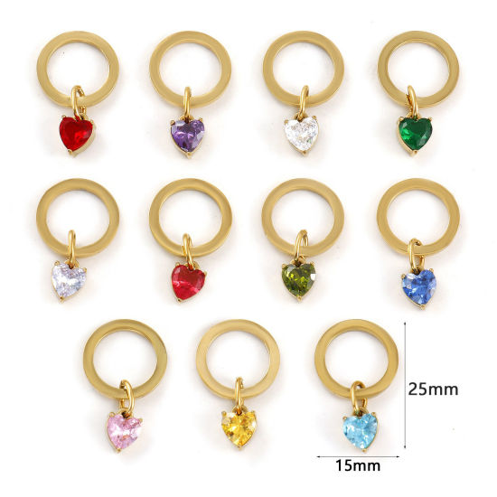 Bild von 1 Stück Umweltfreundliche PVD-Vakuumbeschichtung 304 Edelstahl Valentinstag Charms 18K Echtgold plattiert Ring Herz Bunt Zirkonia 25mm x 15mm