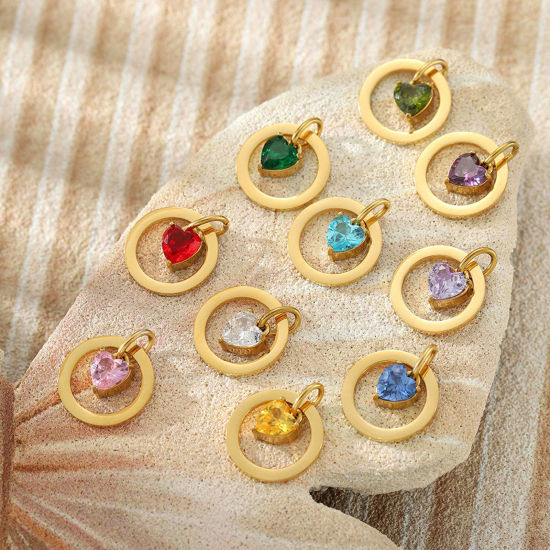 Bild von 1 Stück Umweltfreundliche PVD-Vakuumbeschichtung 304 Edelstahl Valentinstag Charms 18K Echtgold plattiert Ring Herz Bunt Zirkonia 25mm x 15mm