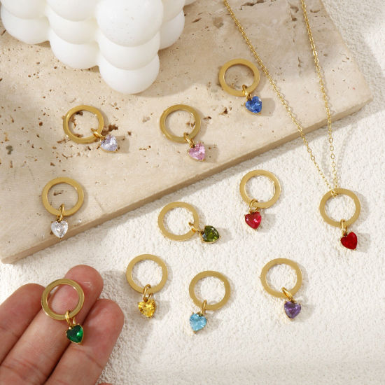 Bild von 1 Stück Umweltfreundliche PVD-Vakuumbeschichtung 304 Edelstahl Valentinstag Charms 18K Echtgold plattiert Ring Herz Bunt Zirkonia 25mm x 15mm