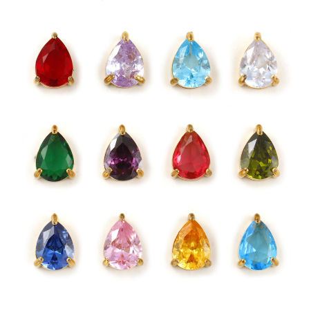 1 個 エコフレンドリー PVD真空メッキ 304ステンレス＆ジルコン 誕生石 チャーム 18Kリアルゴールドメッキ 滴 ドロップ ミニ 9mm x 6mm、
