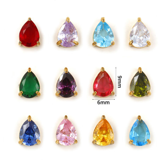 Bild von Umweltfreundliche PVD-Vakuumbeschichtung 304 Edelstahl & Zirkon Monatsstein Charms 18K Echtgold plattiert Tropfen Mini 9mm x 6mm