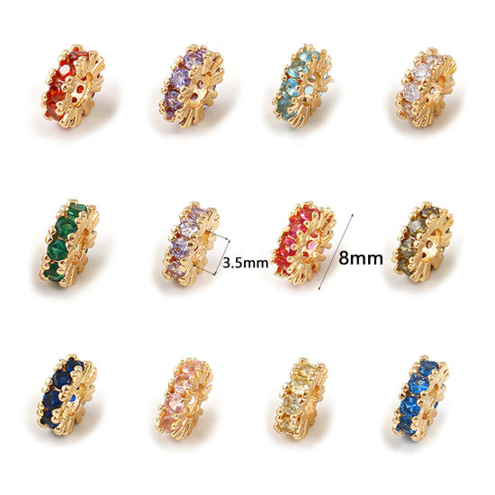 Immagine di 2 Pz Ecologico Ottone Pietre Nascita Perline Distanziatrici per Gioielli Fai-da-te che Fanno Risultati 18K Vero Oro Placcato Tondo Multicolore Cubic Zirconiae 8mm Dia., Buco: Circa 3.5mm