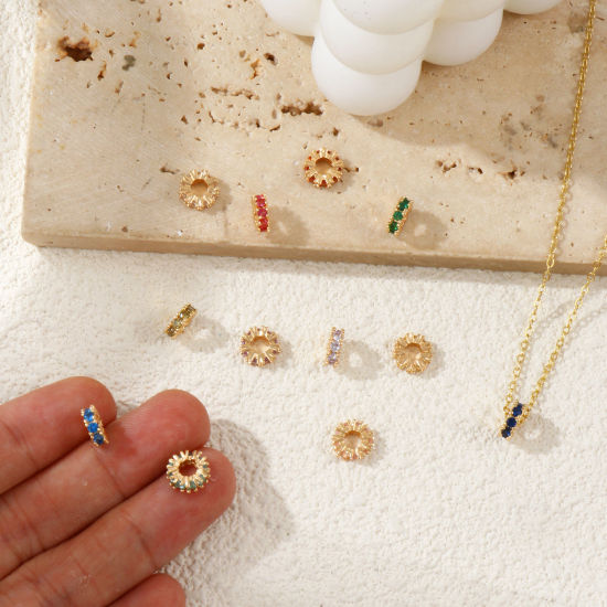 Immagine di 2 Pz Ecologico Ottone Pietre Nascita Perline Distanziatrici per Gioielli Fai-da-te che Fanno Risultati 18K Vero Oro Placcato Tondo Multicolore Cubic Zirconiae 8mm Dia., Buco: Circa 3.5mm