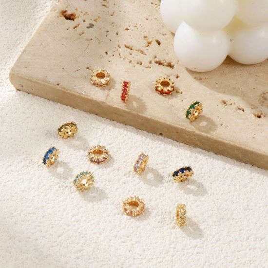 Immagine di 2 Pz Ecologico Ottone Pietre Nascita Perline Distanziatrici per Gioielli Fai-da-te che Fanno Risultati 18K Vero Oro Placcato Tondo Multicolore Cubic Zirconiae 8mm Dia., Buco: Circa 3.5mm