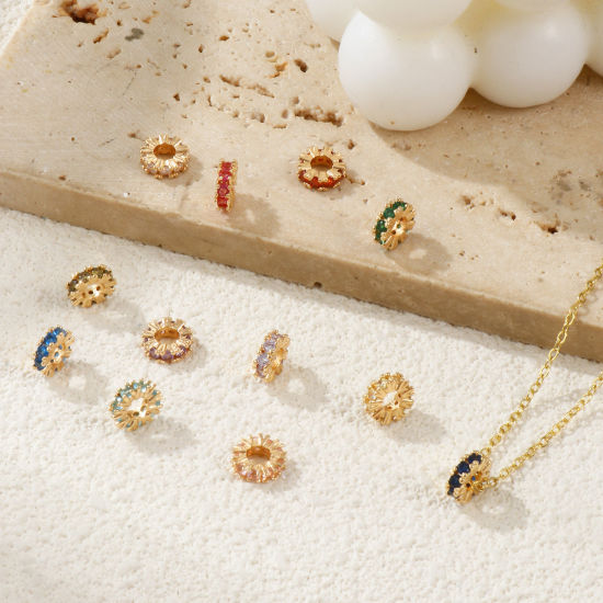Immagine di 2 Pz Ecologico Ottone Pietre Nascita Perline Distanziatrici per Gioielli Fai-da-te che Fanno Risultati 18K Vero Oro Placcato Tondo Multicolore Cubic Zirconiae 8mm Dia., Buco: Circa 3.5mm