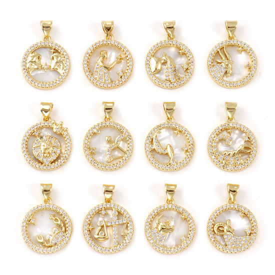 Immagine di 1 Pz Conchiglie Naturali & Ottone Ciondoli Pendenti Placcato Oro 18K Bianco Tondo Disco Costellazione Micro Spianare Trasparente Cubic Zirconiae 24mm x 17mm