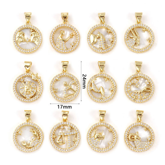 Immagine di 1 Pz Conchiglie Naturali & Ottone Ciondoli Pendenti Placcato Oro 18K Bianco Tondo Disco Costellazione Micro Spianare Trasparente Cubic Zirconiae 24mm x 17mm