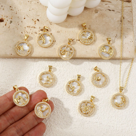 Immagine di 1 Pz Conchiglie Naturali & Ottone Ciondoli Pendenti Placcato Oro 18K Bianco Tondo Disco Costellazione Micro Spianare Trasparente Cubic Zirconiae 24mm x 17mm