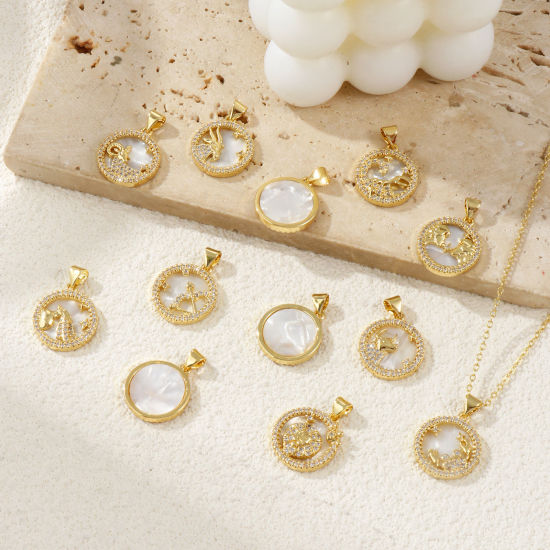 Immagine di 1 Pz Conchiglie Naturali & Ottone Ciondoli Pendenti Placcato Oro 18K Bianco Tondo Disco Costellazione Micro Spianare Trasparente Cubic Zirconiae 24mm x 17mm