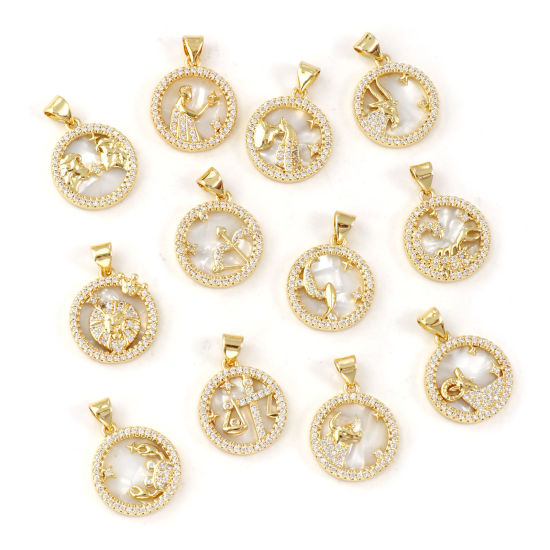 Immagine di 1 Pz Conchiglie Naturali & Ottone Ciondoli Pendenti Placcato Oro 18K Bianco Tondo Disco Costellazione Micro Spianare Trasparente Cubic Zirconiae 24mm x 17mm