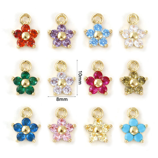 Immagine di 2 Pz Ottone + Zircone Cubico Pietre Nascita Ciondoli Placcato Oro 18K Fiore Mini 10mm x 8mm