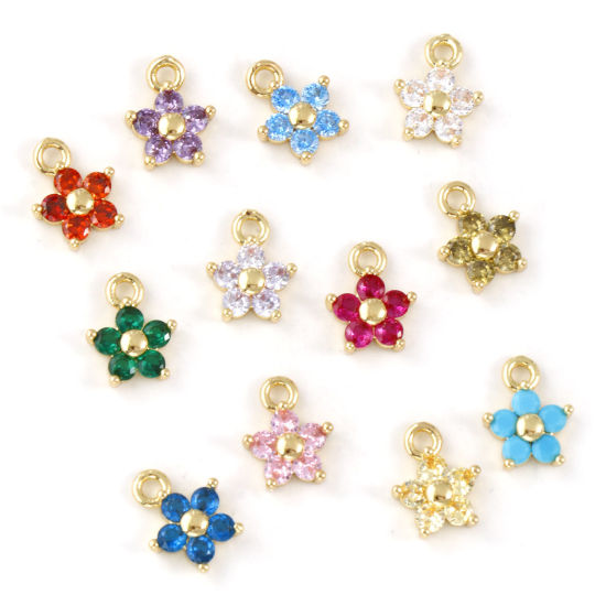 Immagine di 2 Pz Ottone + Zircone Cubico Pietre Nascita Ciondoli Placcato Oro 18K Fiore Mini 10mm x 8mm