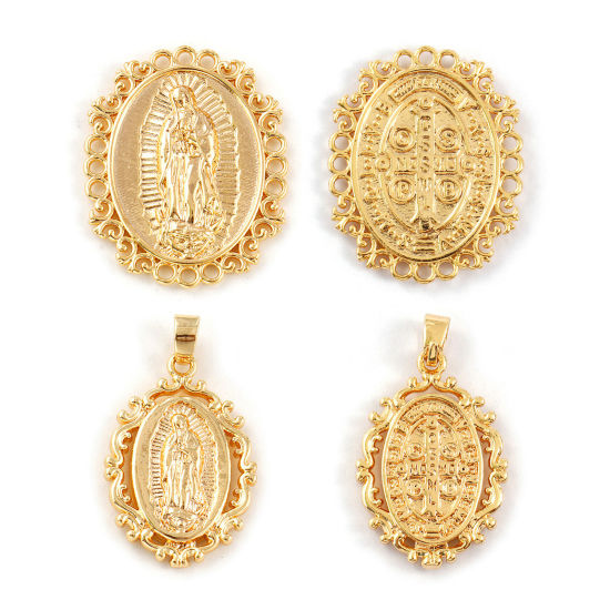 Bild von Umweltfreundlich Messing Religiös Charms 18K Echtgold plattiert Oval Heilige Maria Mutter Gottes Doppelseitig