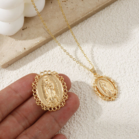 Bild von Umweltfreundlich Messing Religiös Charms 18K Echtgold plattiert Oval Heilige Maria Mutter Gottes Doppelseitig