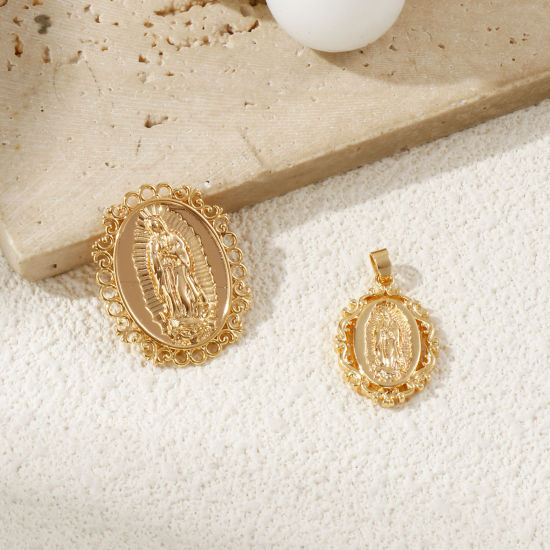 Bild von Umweltfreundlich Messing Religiös Charms 18K Echtgold plattiert Oval Heilige Maria Mutter Gottes Doppelseitig