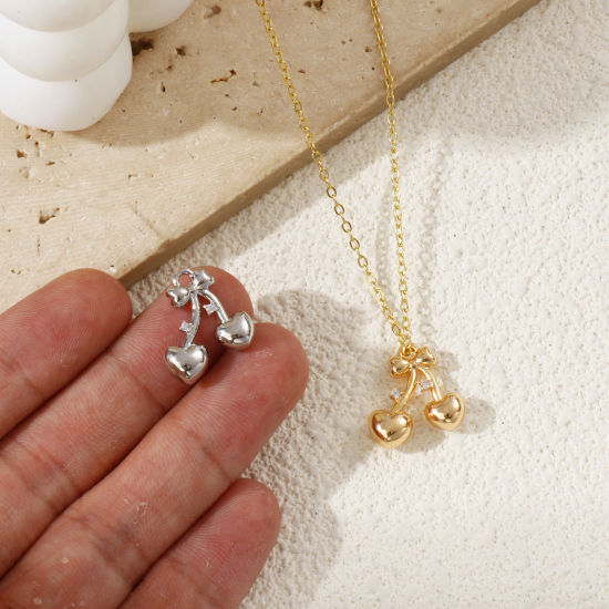 Immagine di 2 Pz Ecologico Ottone San Valentino Ciondoli Vero Oro Placcato Ciliegia Cuore 3D Trasparente Cubic Zirconiae 16mm x 15mm