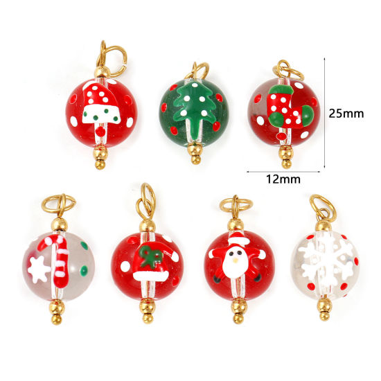 Изображение 2 ШТ Экологичное вакуумное PVD-покрытие 304 Нержавеющеая Сталь И Смолы Рождество Подвески 18K позолоченный С Эмалью Cфера 25мм x 12мм