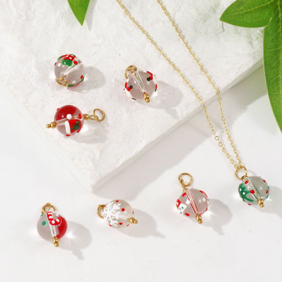 Изображение 2 ШТ Экологичное вакуумное PVD-покрытие 304 Нержавеющеая Сталь И Смолы Рождество Подвески 18K позолоченный С Эмалью Cфера 25мм x 12мм